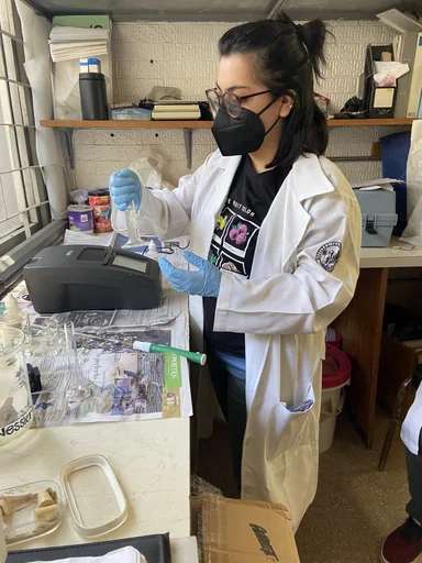 Investigadora trabajando con material de laboratorio.